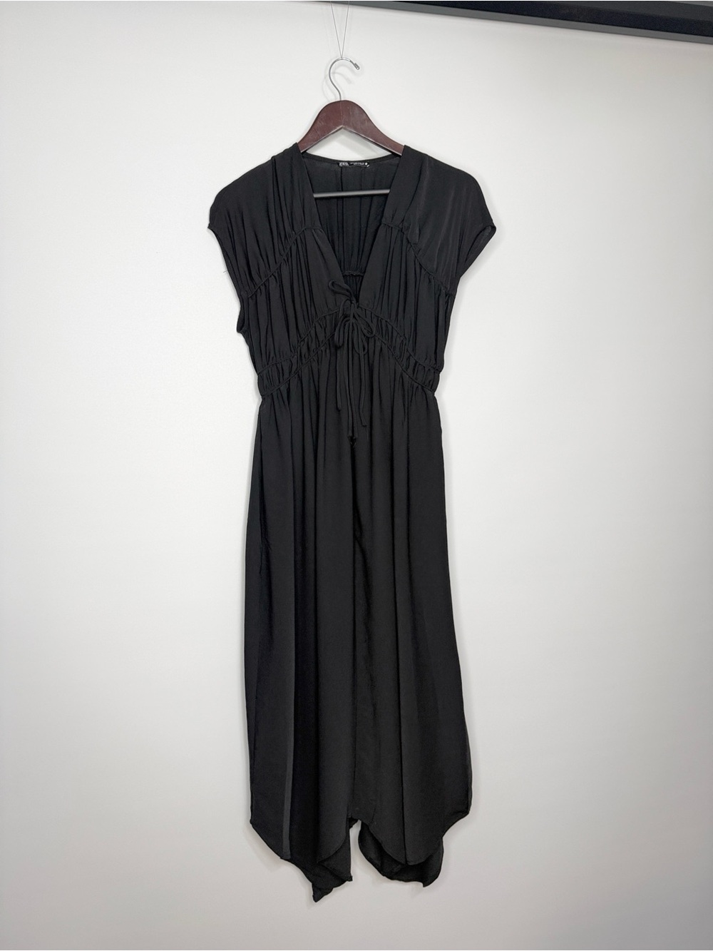 Zara Black Front Tie Asymmetric Hem Midi Dress Size Small